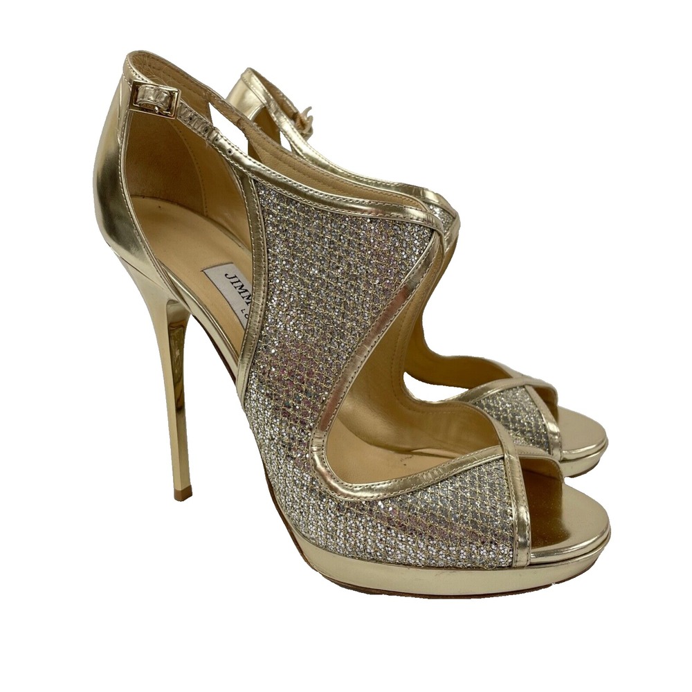 Jimmy‎ Choo Leondra Glitter Pump Womens 8.5 38.5 Gold Silver Open Toe Stiletto
